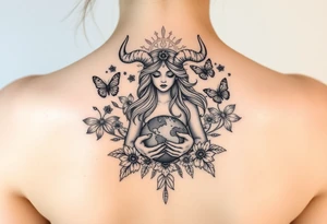Taurus goddess with earth in her hands and butterflies and flowers all around her tattoo idea