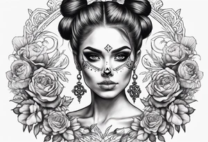 feminine skull and cross bones with hair in two buns tattoo idea