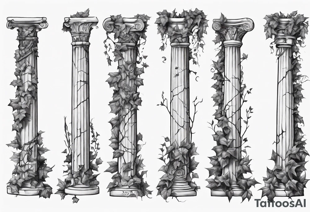 Half of a roman pillar in the Ionian style with the word "OMNIA" inscribed on the top. It has cracks in the middle and overgrown ivy at the bottom. It is turned 20 degrees to the right. tattoo idea
