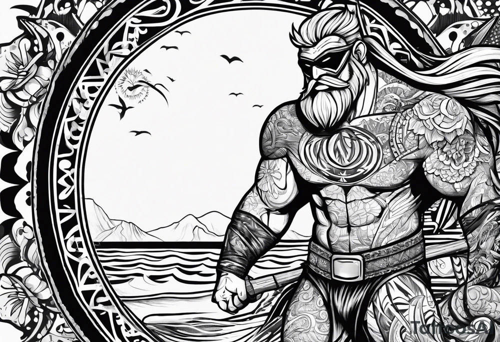 beachbum superhero on a surfboard with tiki guys tattoo idea