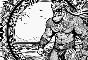 beachbum superhero on a surfboard with tiki guys tattoo idea