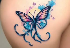 ethereal butterfly with flowing silk ribbons in moonlight tattoo idea