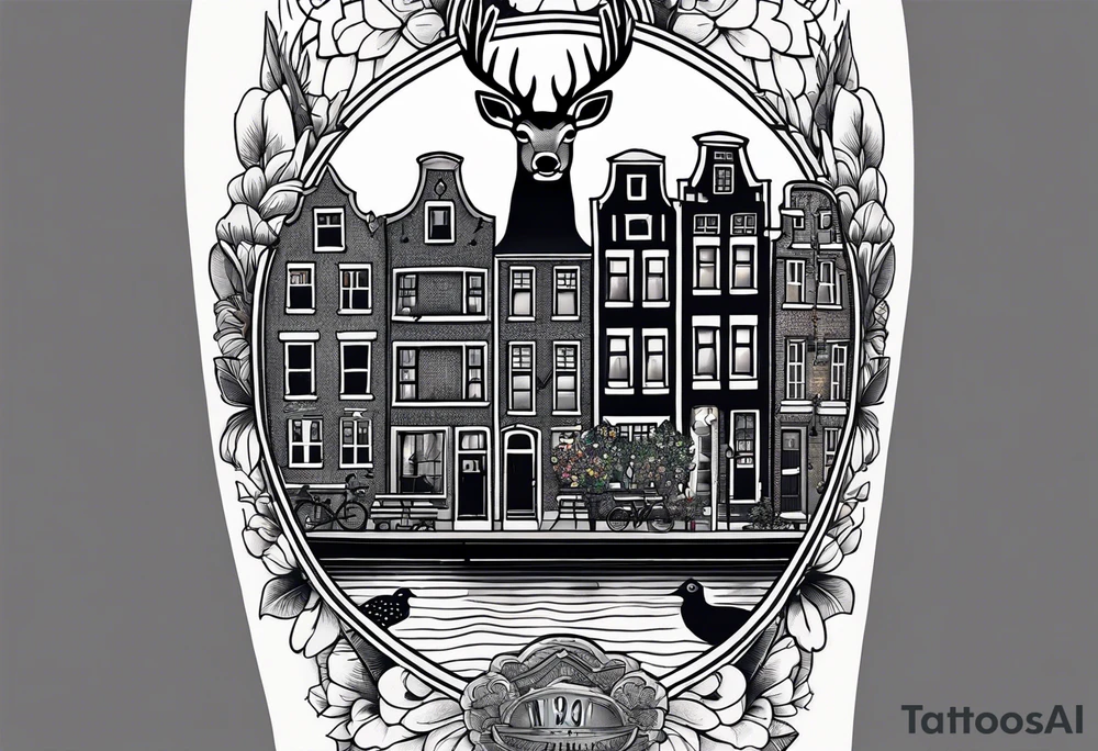 arm tattoo of stag deer and birds in Amsterdam canal featuring Amsterdam houses in space with pineapple at the bottom tattoo idea