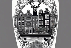arm tattoo of stag deer and birds in Amsterdam canal featuring Amsterdam houses in space with pineapple at the bottom tattoo idea