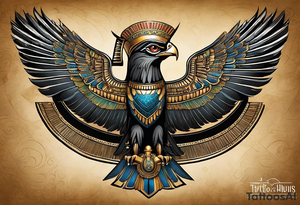The tattoo depicts Horus, the falcon-headed god of the sky and kingship, in a dynamic and powerful stance. His falcon head is detailed with sharp, lifelike feathers and intense eyes, capturing his vigilant and authoritative nature. His human body is adorned with traditional Egyptian attire, including the crown of Upper and Lower Egypt. Horus is often shown with an outstretched wing or holding a scepter, which is intricately detailed. The realistic shading and attention to anatomical detail emphasize his strength and regal bearing. tattoo idea