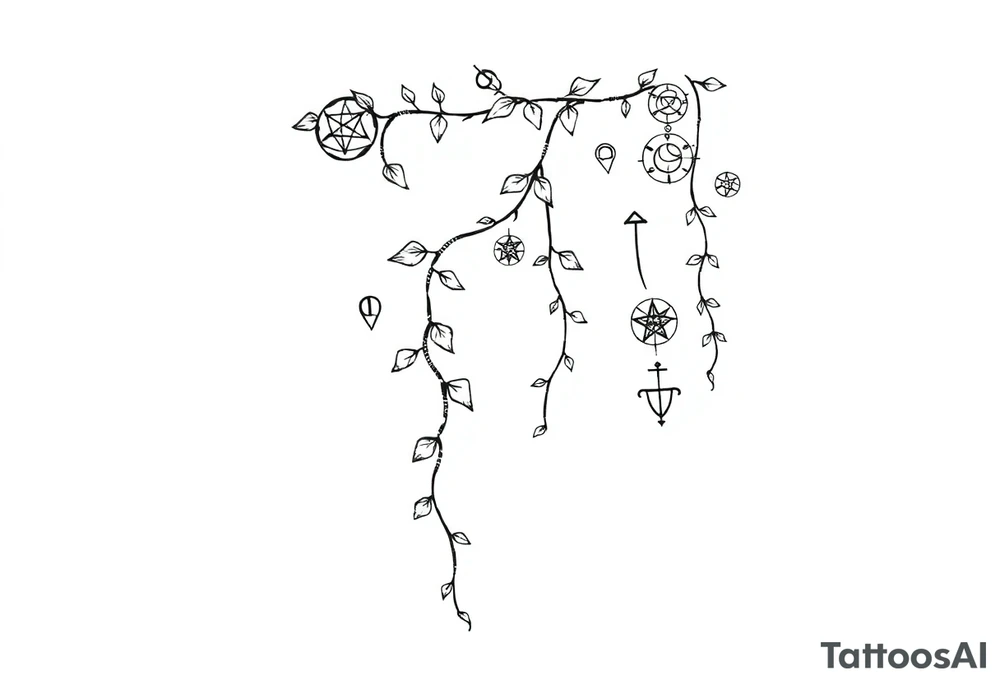 Ivy. Vines with wiccan symbols and zodiac signs tattoo idea