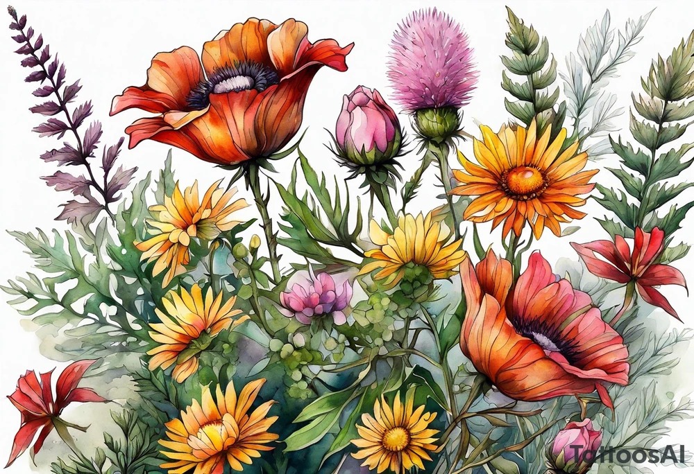 wildflowers with thistles, ferns, white flowers, pink flowers, burnt orange flowers, red flowers and yellow flowers all in watercolor tattoo idea