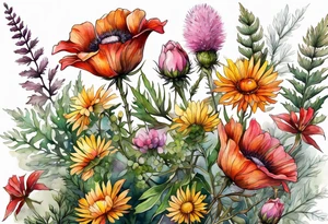 wildflowers with thistles, ferns, white flowers, pink flowers, burnt orange flowers, red flowers and yellow flowers all in watercolor tattoo idea