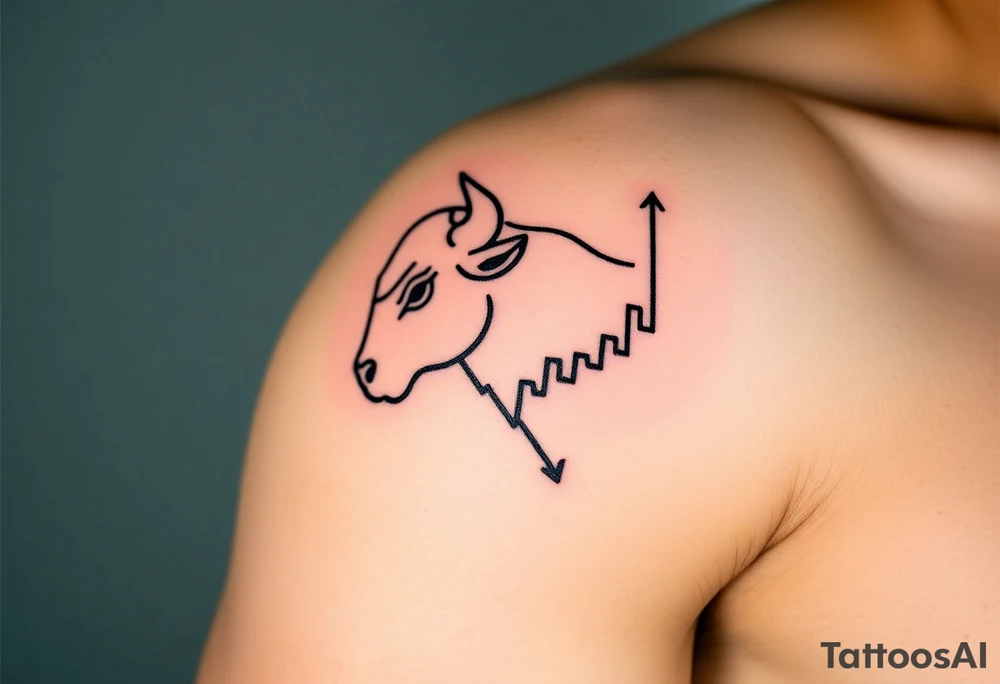 Create a minimalist black line tattoo of a bull’s head that transitions into an upward-trending candlestick stock chart. The design should have clean, fluid lines and combine the bull’s face and horns on the left, with the candlestick chart rising to the right, forming the shape of the bull’s jaw/neck. Keep the style simple and elegant, suitable for a forearm or upper arm tattoo.” tattoo idea
