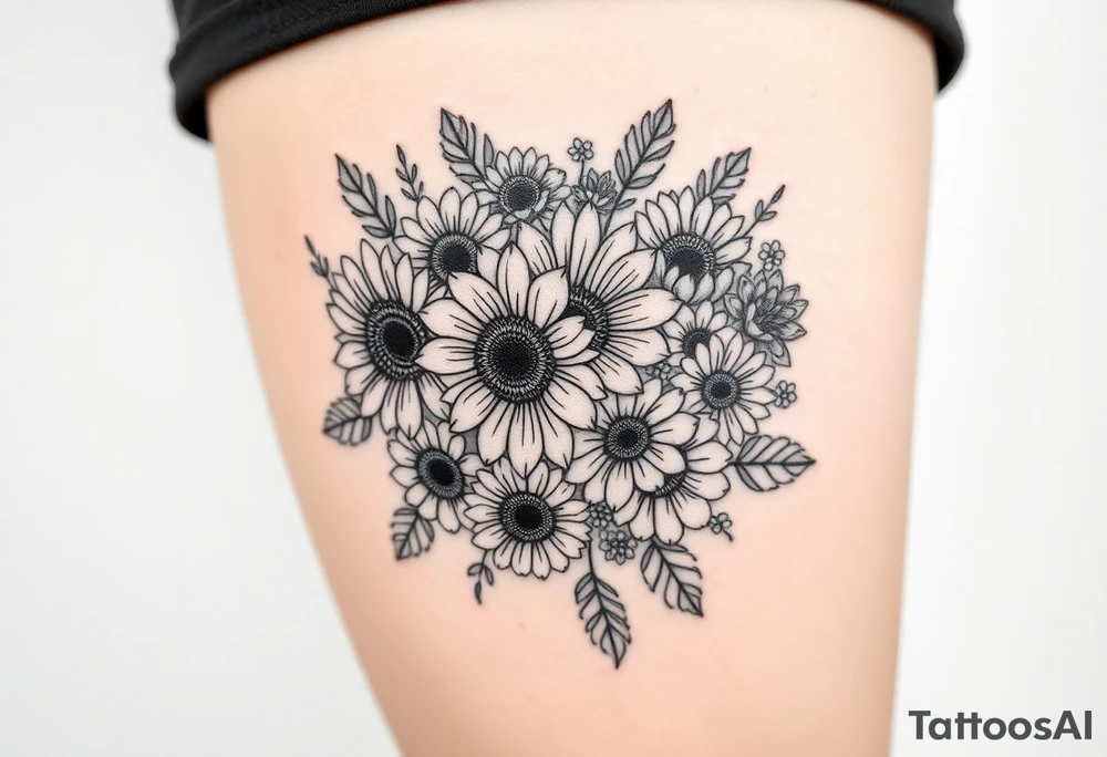 Bouquet of sunflowers, water Lillies, dahlias, marigolds, carnations, hydrangeas, daisys, and chrysanthemums tattoo idea
