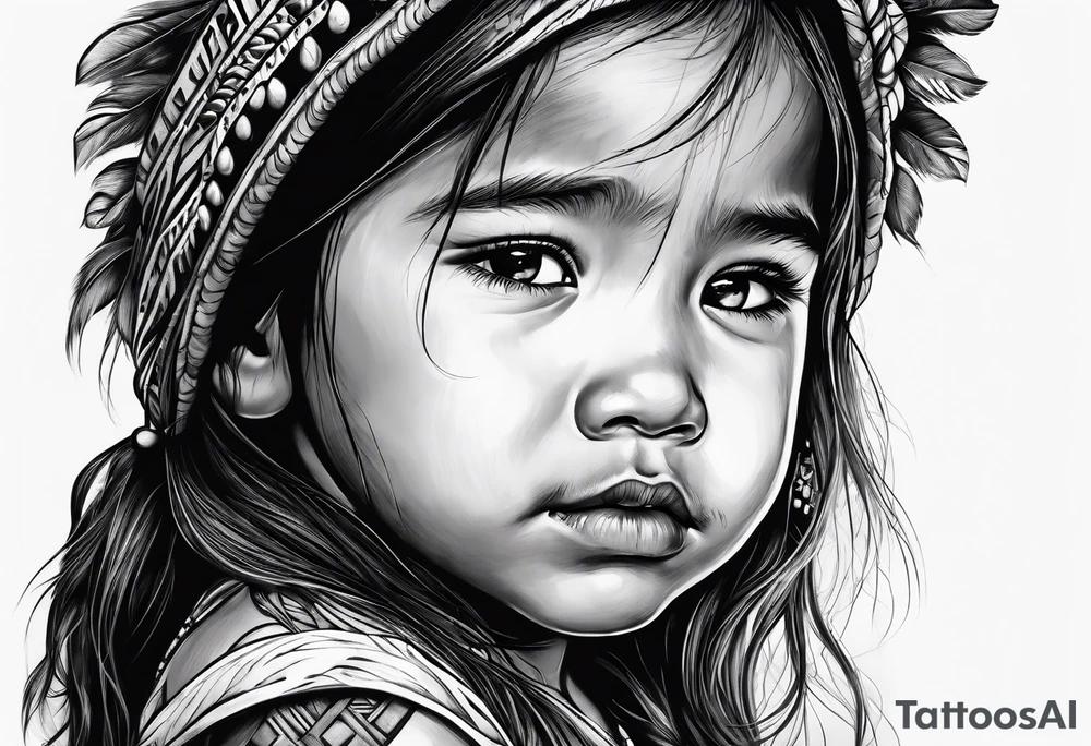 Little girl crying with native fathers spirit tattoo idea