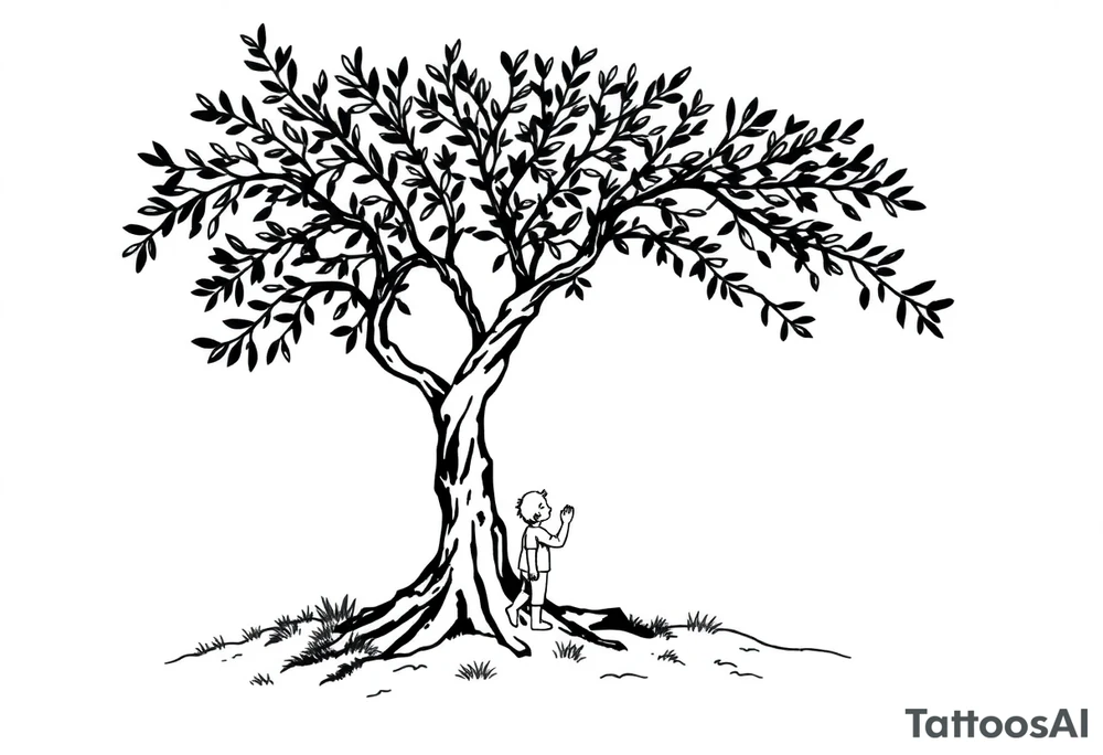 A big olive tree with a child and his parents picking it tattoo idea