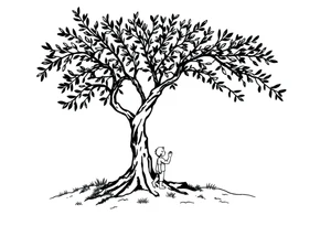 A big olive tree with a child and his parents picking it tattoo idea