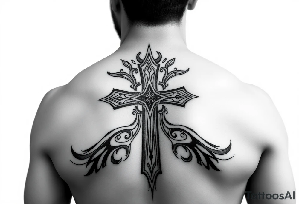 A cross  surrounded by Micronesian tribal for forearm tattoo idea