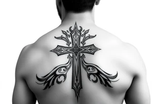 A cross  surrounded by Micronesian tribal for forearm tattoo idea