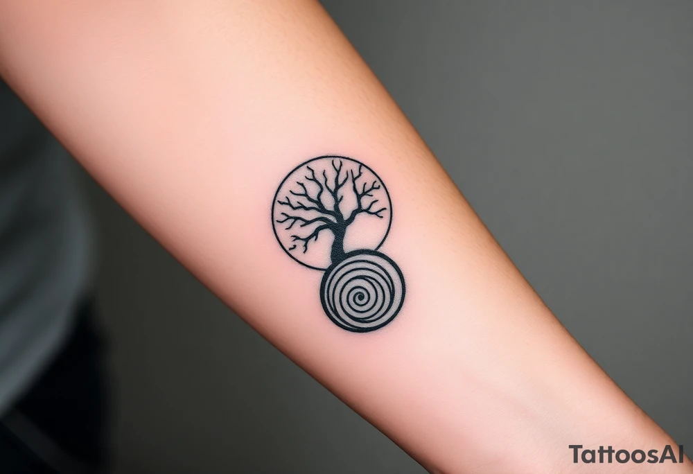 Tree inside of sun, spiral circle roots. A spiral line moving to the right tattoo idea