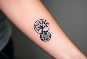 Tree inside of sun, spiral circle roots. A spiral line moving to the right tattoo idea