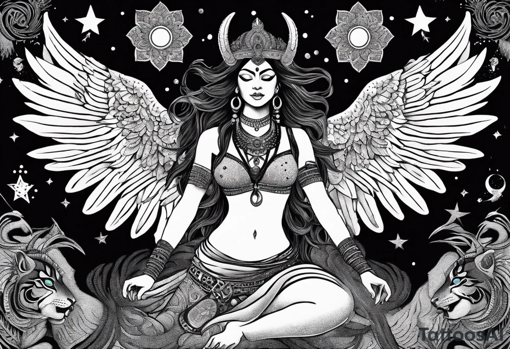 black kali, goddess pirate, alien, angel, pachamama, valkrye, warrior, flying, skull, lotus azul, wing, eagle, zenza resonance, stars, 5D, anahata chakra, death, durga, riding on a tiger, flying lady, kundalini, chest tatoo, samuri, rebel tattoo idea