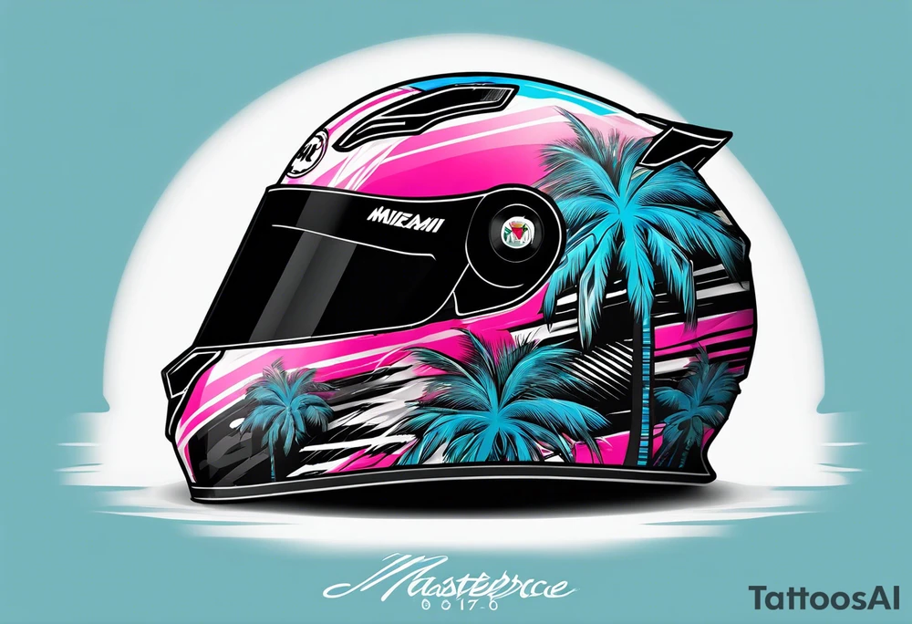 Formula 1 helment with miami name a palm tree and light blue black and pink colors tattoo idea