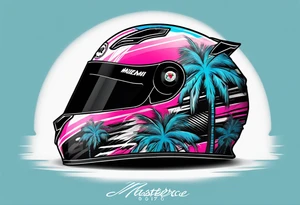 Formula 1 helment with miami name a palm tree and light blue black and pink colors tattoo idea