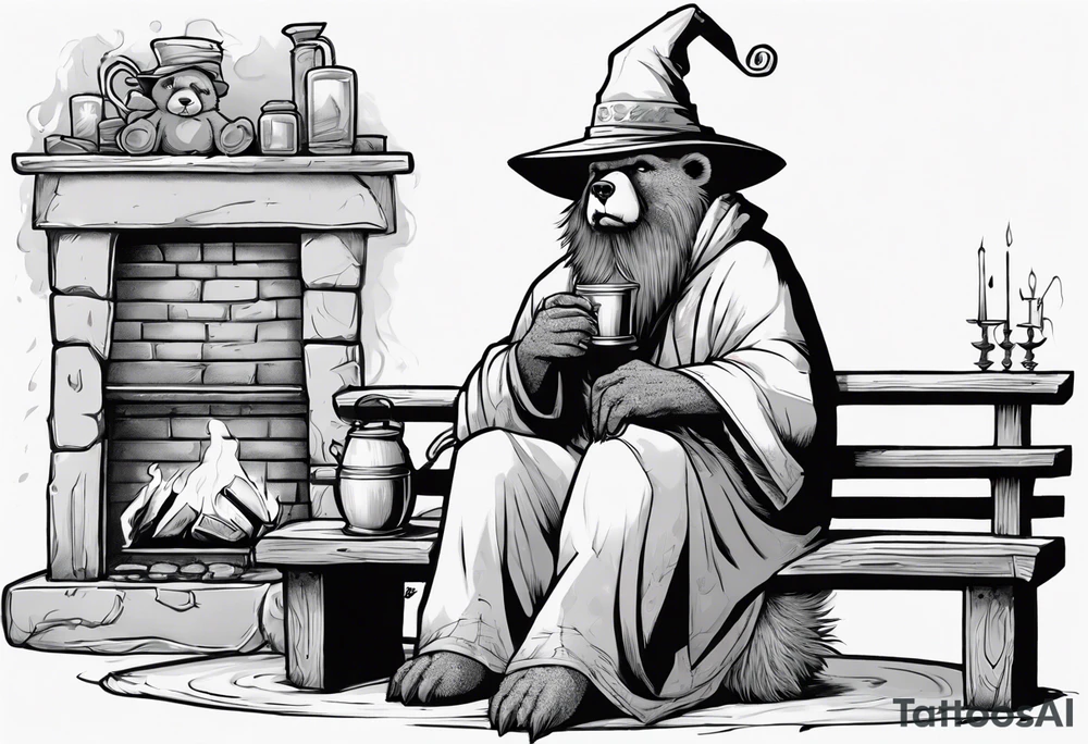 a medieval bear-human hybrid with a long grey beard wearing a tunic and a floppy hat sitting on a bench by a fireplace drinking from a wood cup tattoo idea