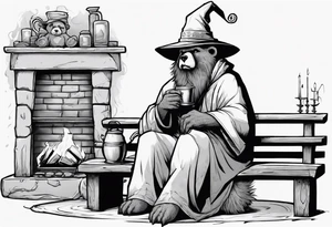 a medieval bear-human hybrid with a long grey beard wearing a tunic and a floppy hat sitting on a bench by a fireplace drinking from a wood cup tattoo idea