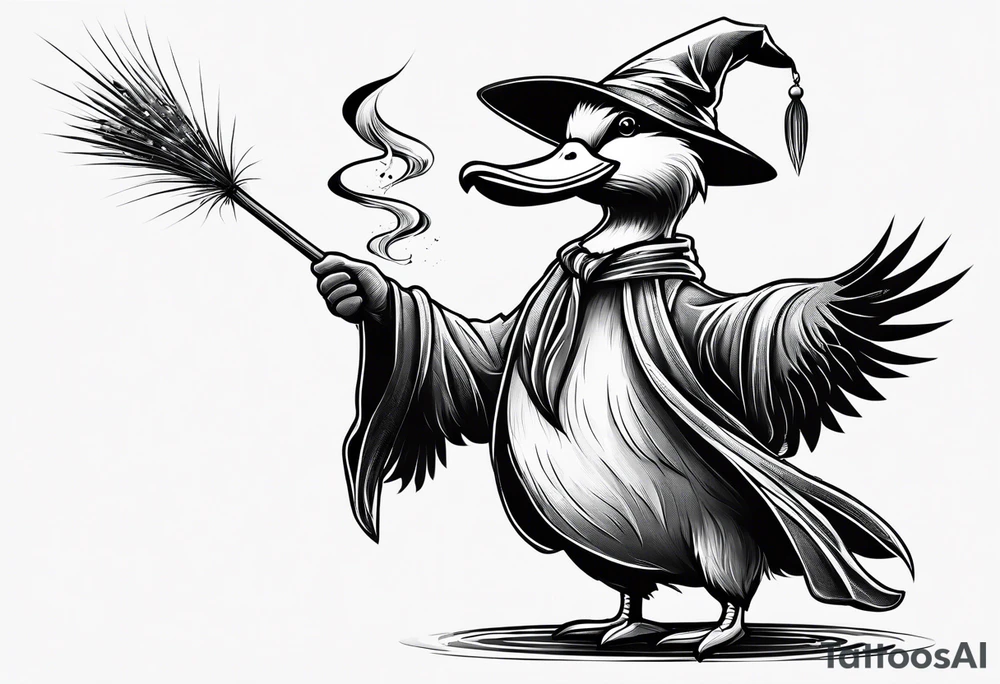 Dabbling Duck dressed like a wizard casting a spell with his wand tattoo idea Dabbling Duck dressed like a wizard casting a spell with his wand tattoo idea