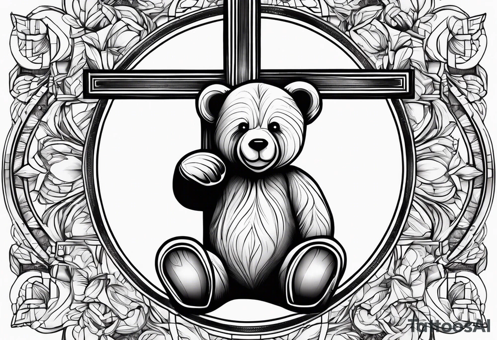 Teddy bear leaning against a cross tattoo idea