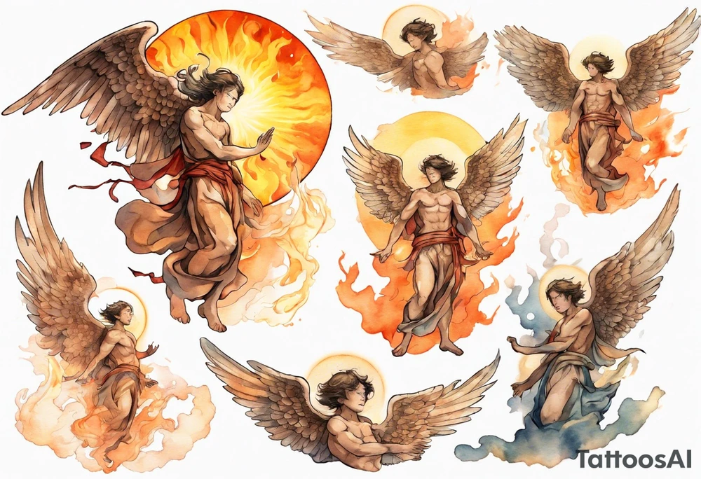 a bronze skinned male angel in front of a blazing sun tattoo idea