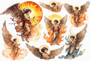 a bronze skinned male angel in front of a blazing sun tattoo idea