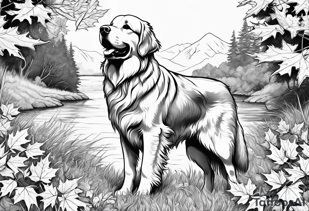 maple leaf, golden retriever tattoo idea