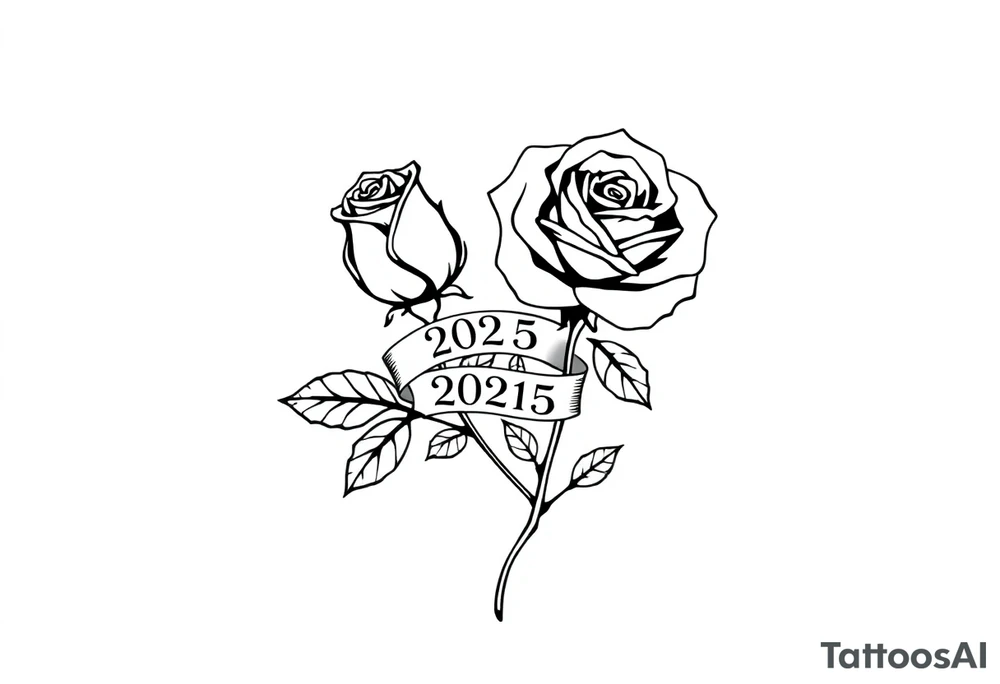 two beautiful large rose buds, one larger than the other, with many leaves next to the rose buds, with one sitting higher than the other. Include a banner connecting the two roses with the year "2025" on it.   Use dark outlines with little shading. The two stems should be short, not long, and connect and join into one stem, whimsically curved or twisted - not straight down. tattoo idea
