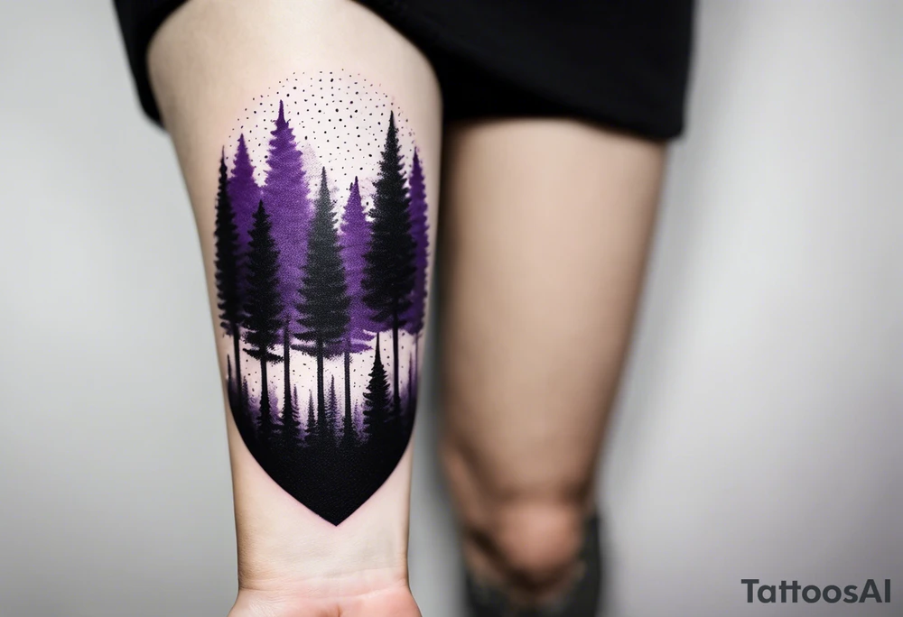 forest, abstract, on hand, no people, purple and black, full, whole wrist wrapped, filled, blackwork tattoo idea