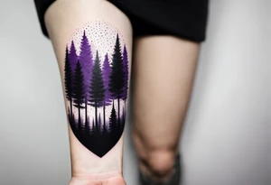 forest, abstract, on hand, no people, purple and black, full, whole wrist wrapped, filled, blackwork tattoo idea