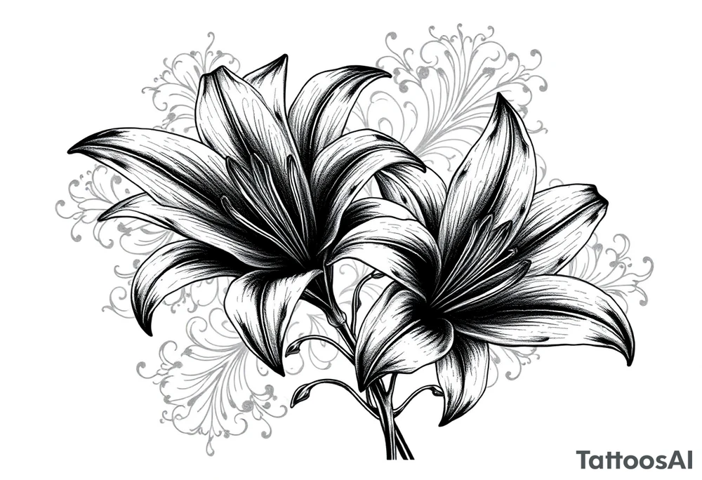 Lillies with dark and filigree patterns in background tattoo idea