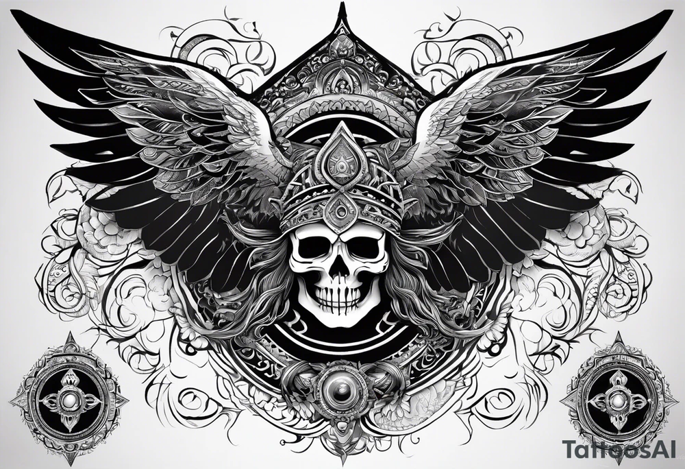 black kali, goddess pirate, alien, angel, pachamama, valkrye, warrior, flying, skull, lotus azul, wing, eagle, zenza resonance, stars, 5D, anahata chakra, death, durga tattoo idea