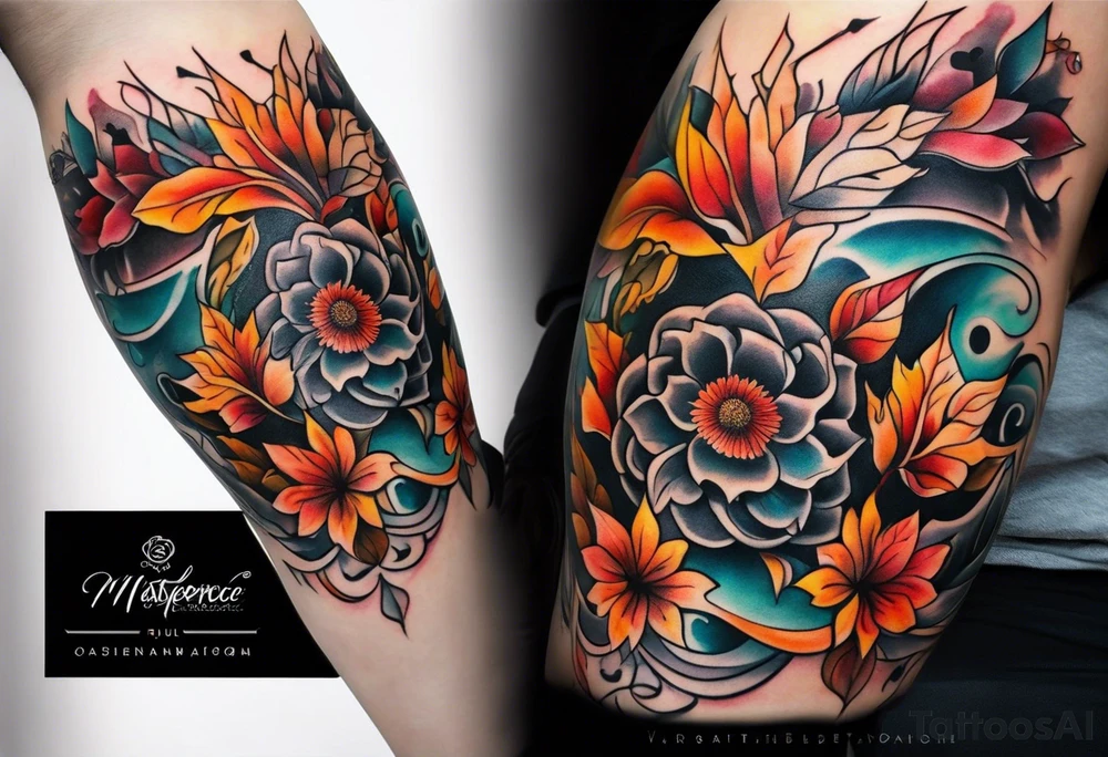 Knee tattoo in fall colors with water flow washes tattoo idea