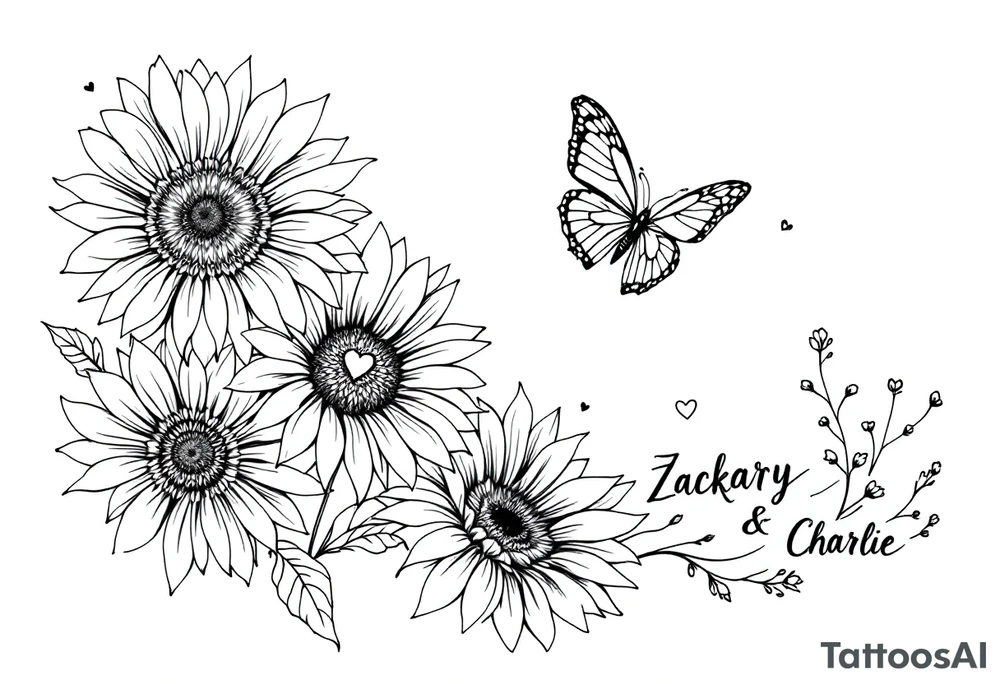 Sunflowers, heart and butterfly with name Zackary and Charlie tattoo idea