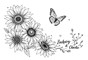 Sunflowers, heart and butterfly with name Zackary and Charlie tattoo idea