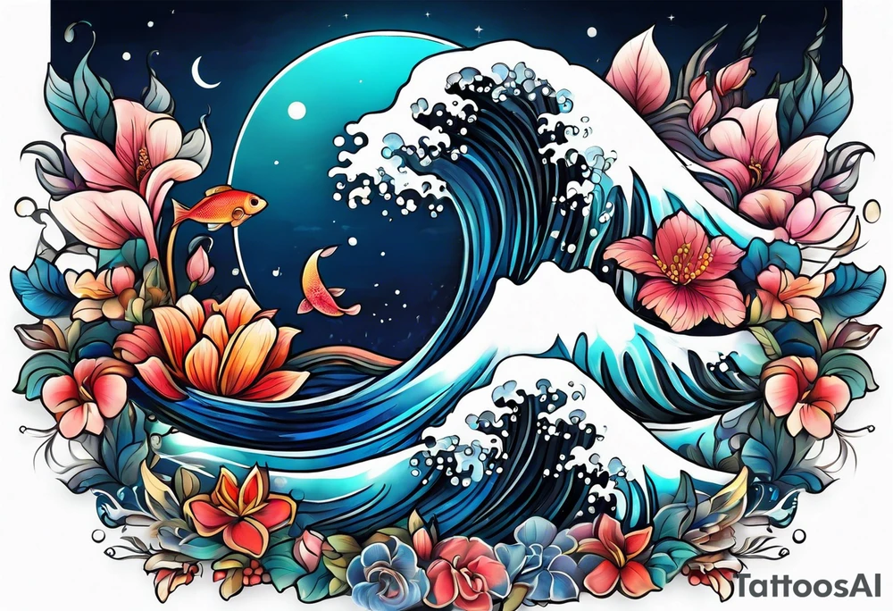 sea,, night, flower, tattoo idea