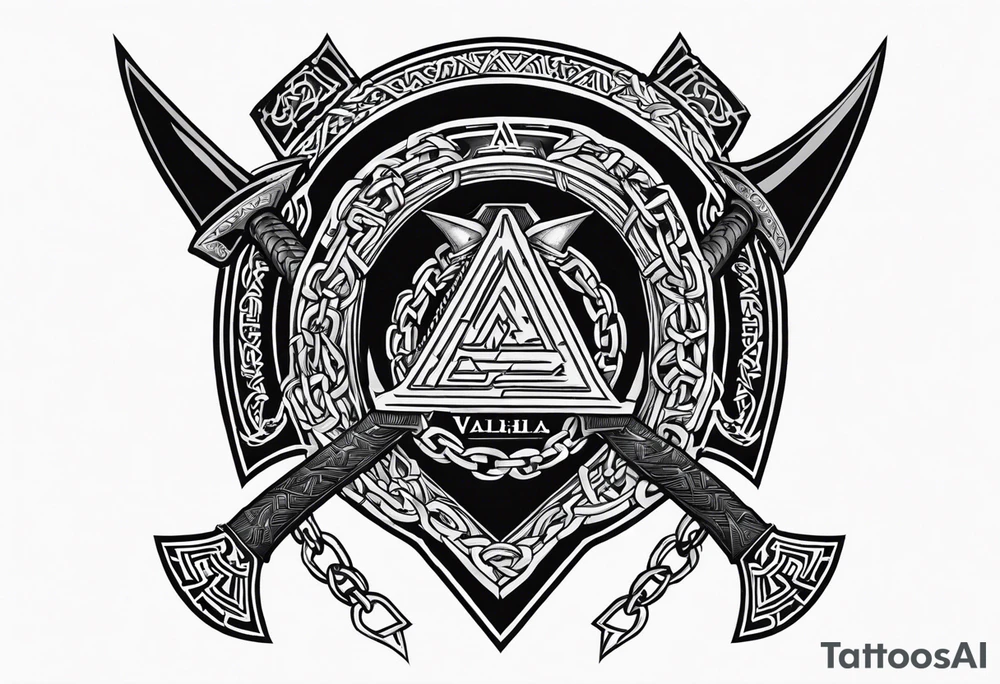 Valhalla shield sword axe Valknut chains tattoo idea