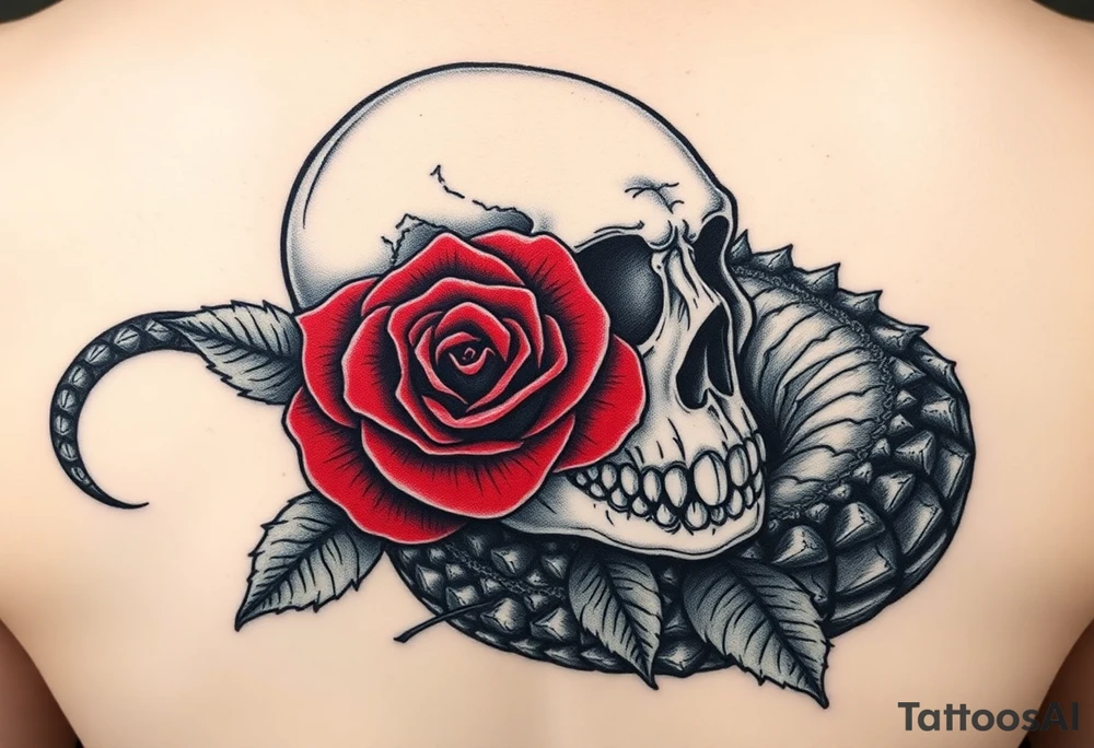 the Tudor rose at the center, all crimson petals edged in black velvet thorns, blooming right out of the skull’s eye socket like it’s growing from his bones. The skull’s grinning, but soft—like he’s in on the joke. And the alligator? He’s coiled around the whole thing, tail curling under the jaw, jaws open just enough to show teeth that look... almost tender. Like he’s protecting it. Or about to eat it.
Maybe a little mist, some ivy creeping up the spine of the rose. Dark greens, deep reds, charcoal shadows. No brights—just that old, heavy velvet feeling. tattoo idea