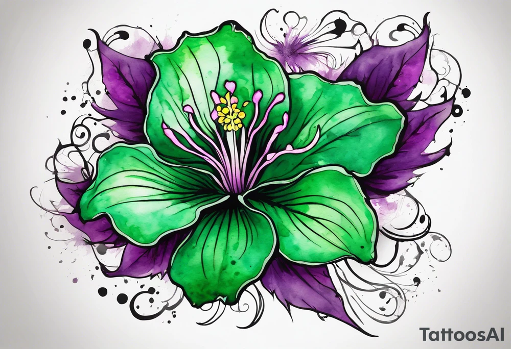 A mystical outline of a green and purple rio dipladenia flower and a green and purple watercolor splash in the background tattoo idea