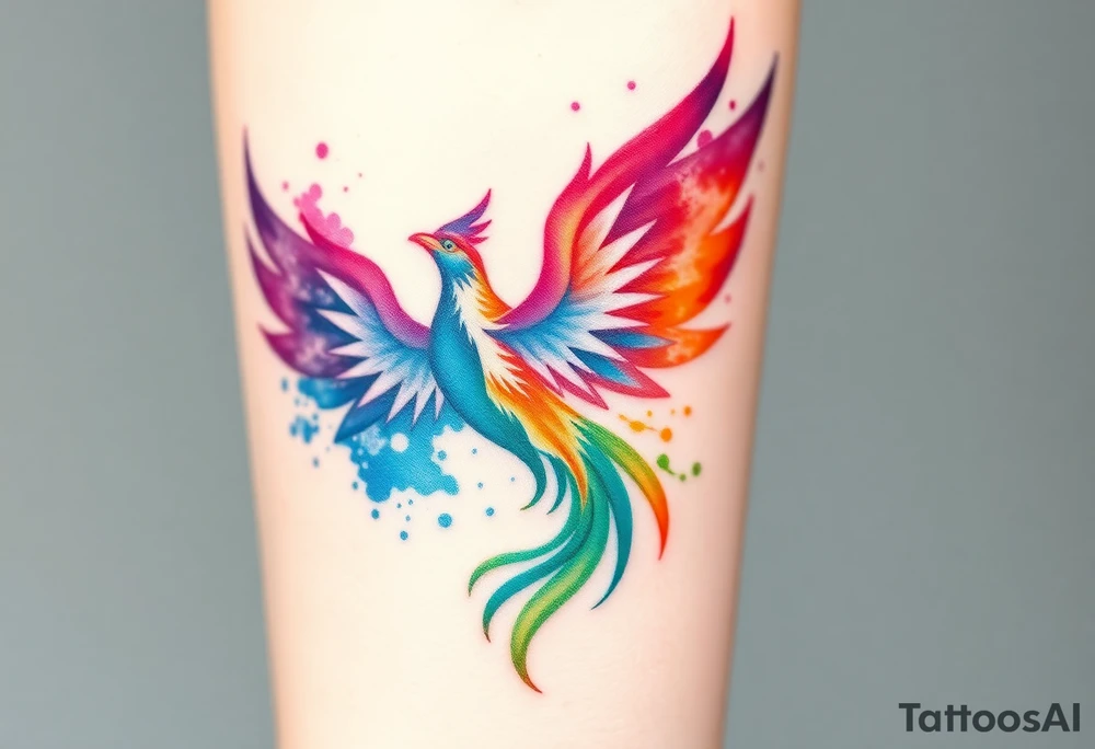 Phoenix in flames with purple, blue, orange, teal and green splashes, looking upwards. Materializing from below, no outline. tattoo idea