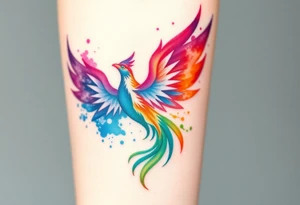Phoenix in flames with purple, blue, orange, teal and green splashes, looking upwards. Materializing from below, no outline. tattoo idea