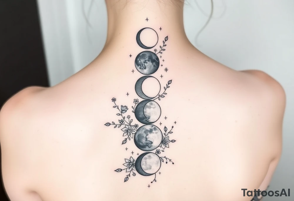 new moon, waxing crescent, first quarter, waxing gibbous, full moon, waning gibbous, last quarter, and waning crescent going down the spine vertically each represent different phases of the moon individually with flowers and vines and stars around it everywhere tattoo idea