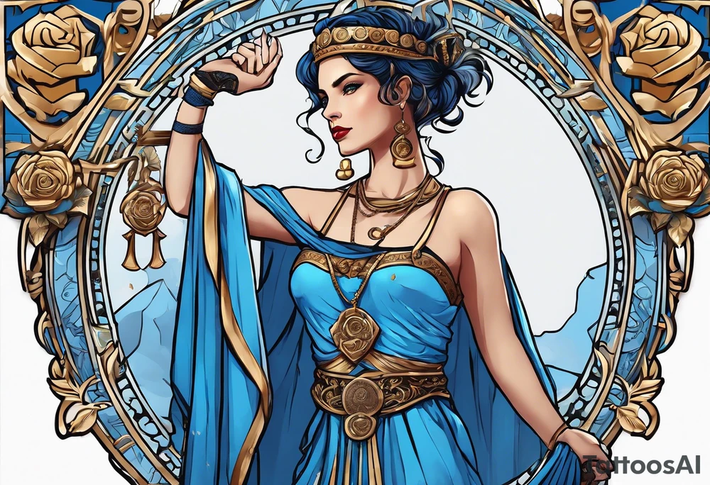 ancient rome clothes women, with ancient scale in one hand, blue rose frames, justicia tattoo idea