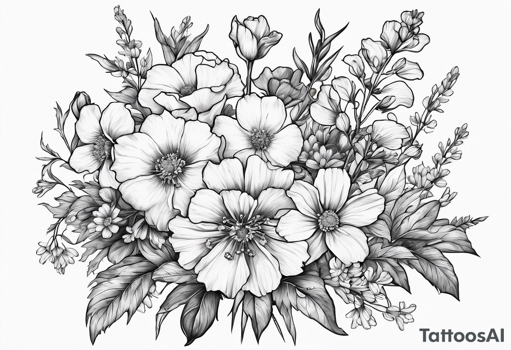 Bouquet Simple Tattoo of larkspur, carnation, violet, daisy with stem tattoo idea