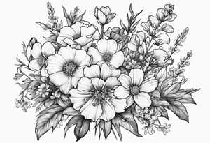 Bouquet Simple Tattoo of larkspur, carnation, violet, daisy with stem tattoo idea