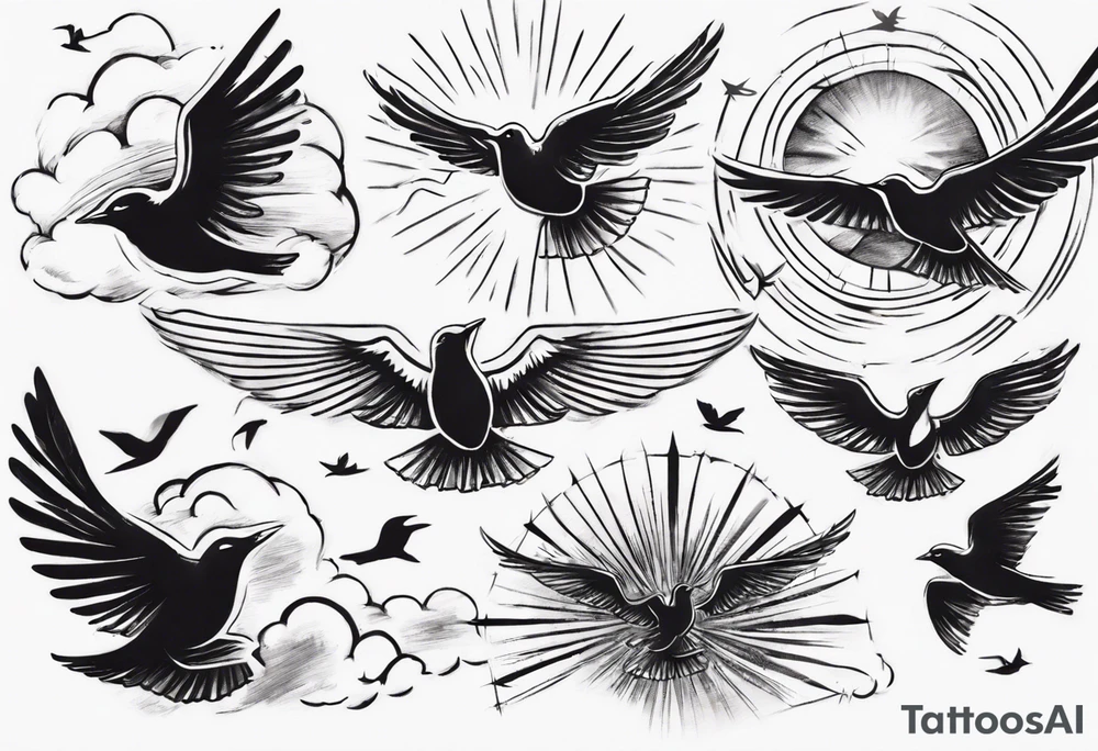 a shoulder tattoo with rays of light, clouds and birds flying free tattoo idea